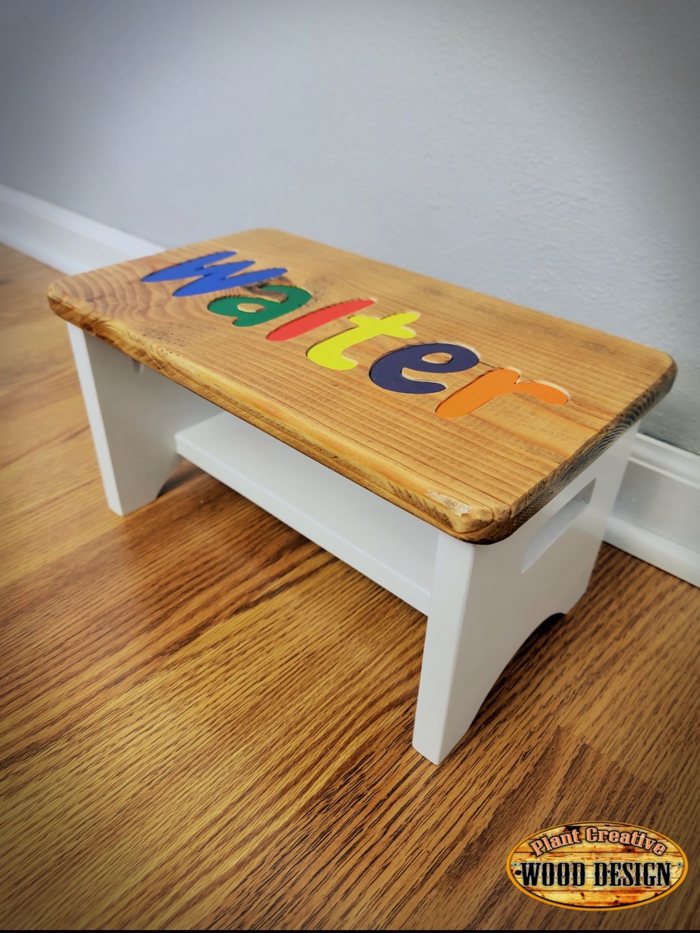 Our newest product line of 8"x14" inlay stools. Include the name you want on your order along with what colors you want the name letters. Stools will have a stained top with white legs/supports. 