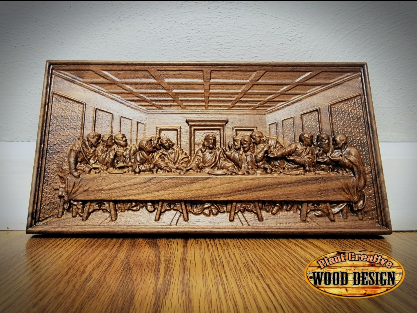 3D carved "The Last Supper" from a solid 1"-thick slab of wood.  Clearcoated. This item takes us 20-30 hours to produce. 