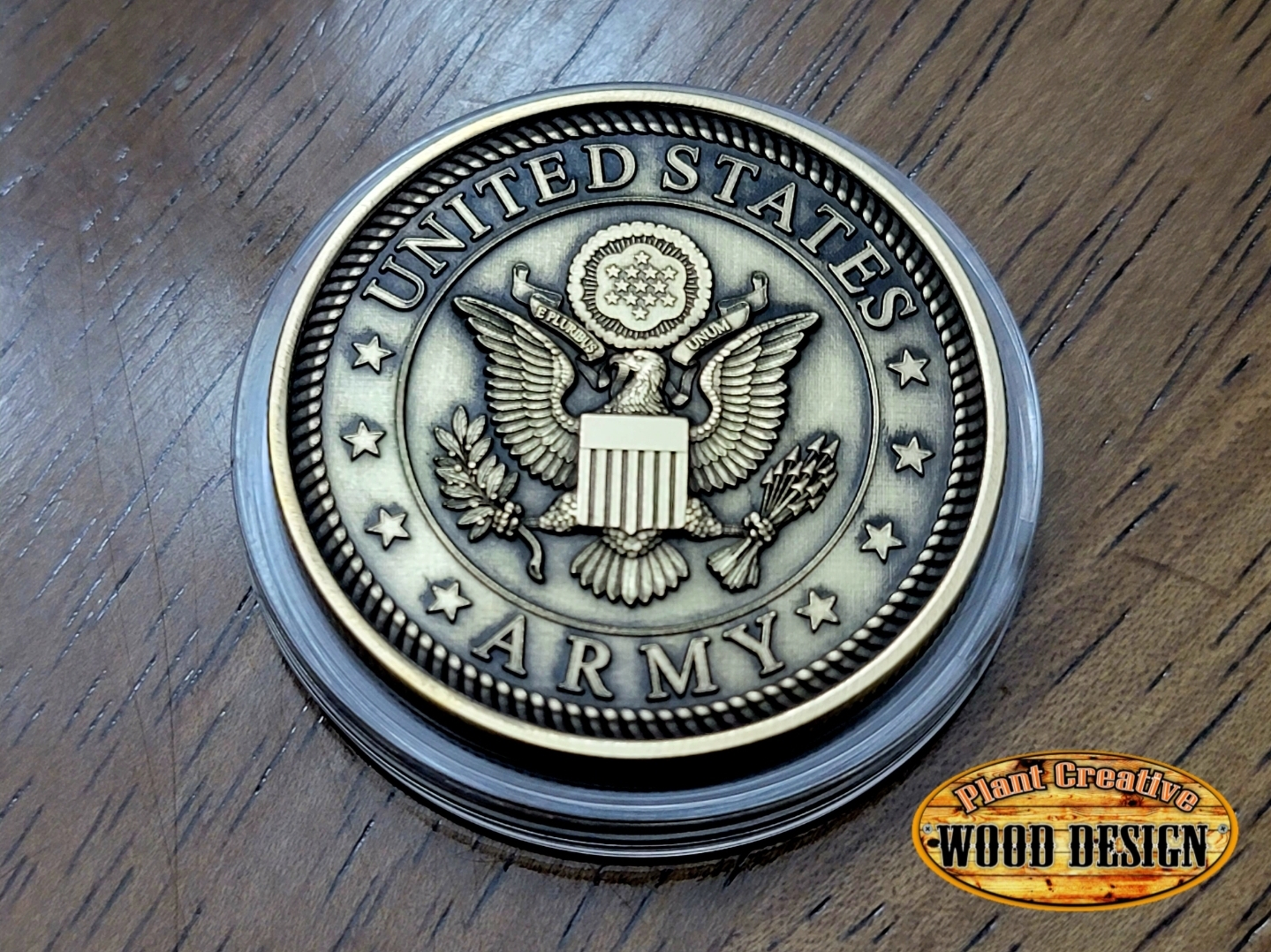 Our 40mm 3D-engraved solid brass challenge coin with the Army seal. We can engrave any text/wording on the backside that you want FOR FREE (please include exactly what you want on your order)