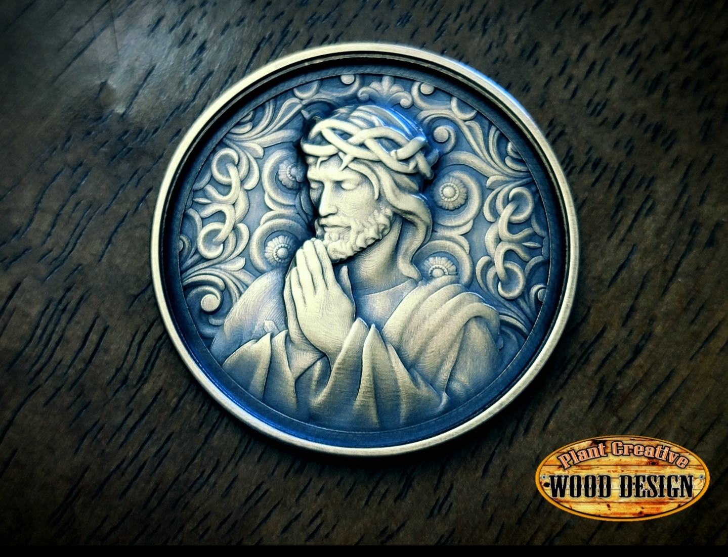 Our 40mm 3D-engraved solid brass challenge coin with the Jesus design. We can engrave any text/wording on the backside that you want FOR FREE (please include exactly what you want on your order)