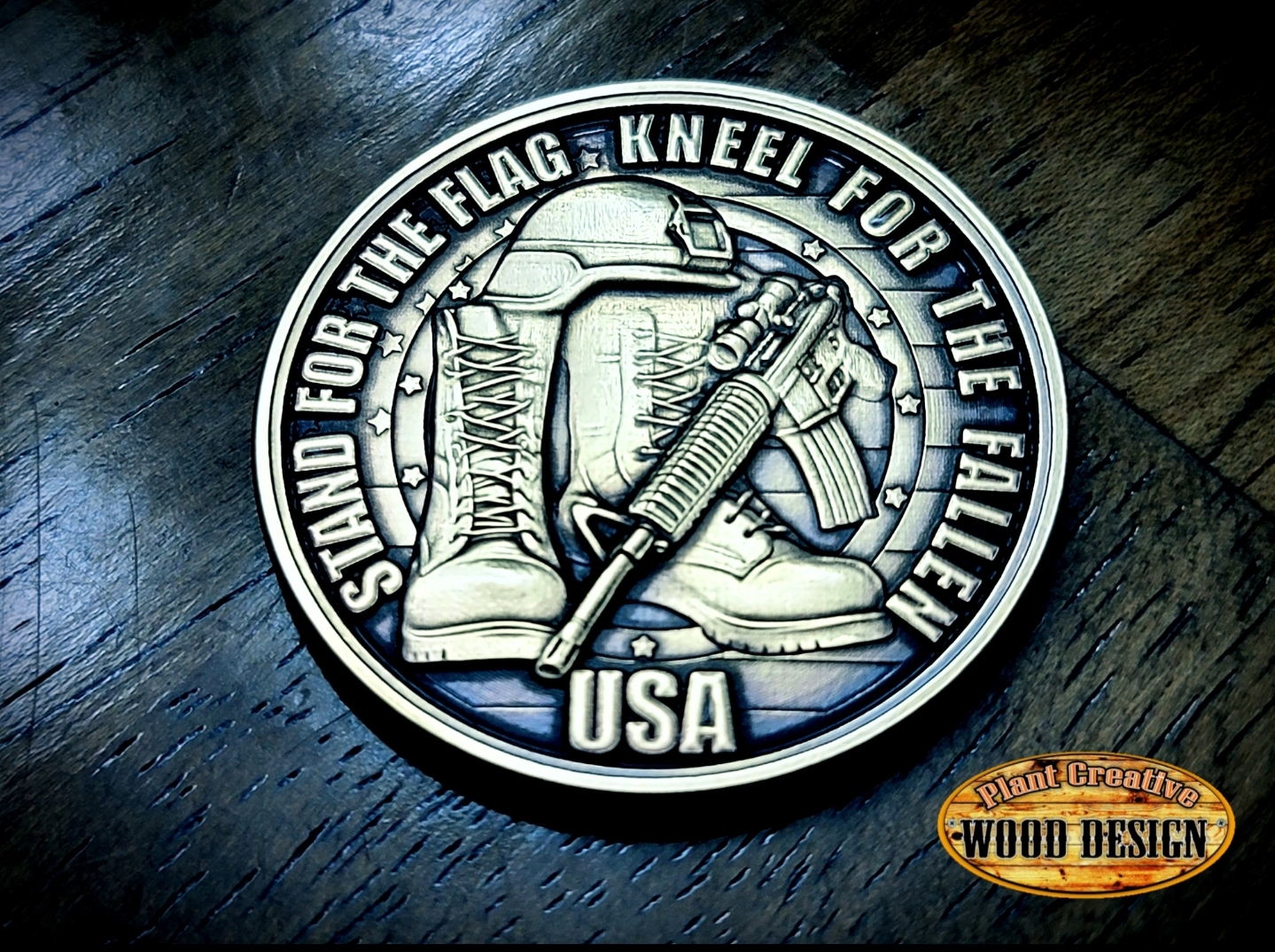 Our 40mm 3D-engraved solid brass challenge coin with the "Stand For The Flag" design. We can engrave any text/wording on the backside that you want FOR FREE (please include exactly what you want on your order). Adding a second 3d design on the backside wi