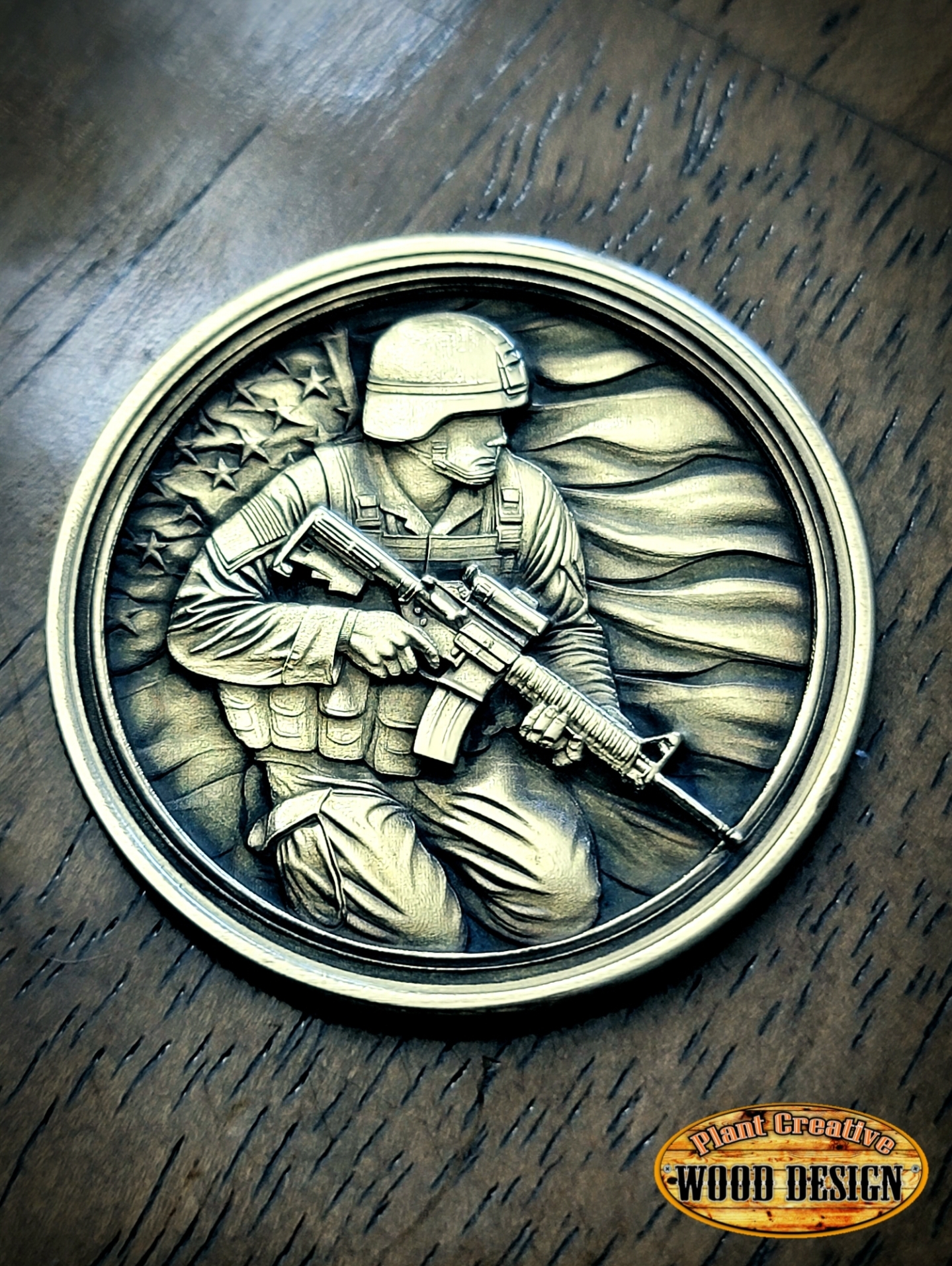 Our 40mm 3D-engraved solid brass challenge coin with the soldier design. We can engrave any text/wording on the backside that you want FOR FREE (please include exactly what you want on your order). Can add one of the 3d military seals on the backside for 