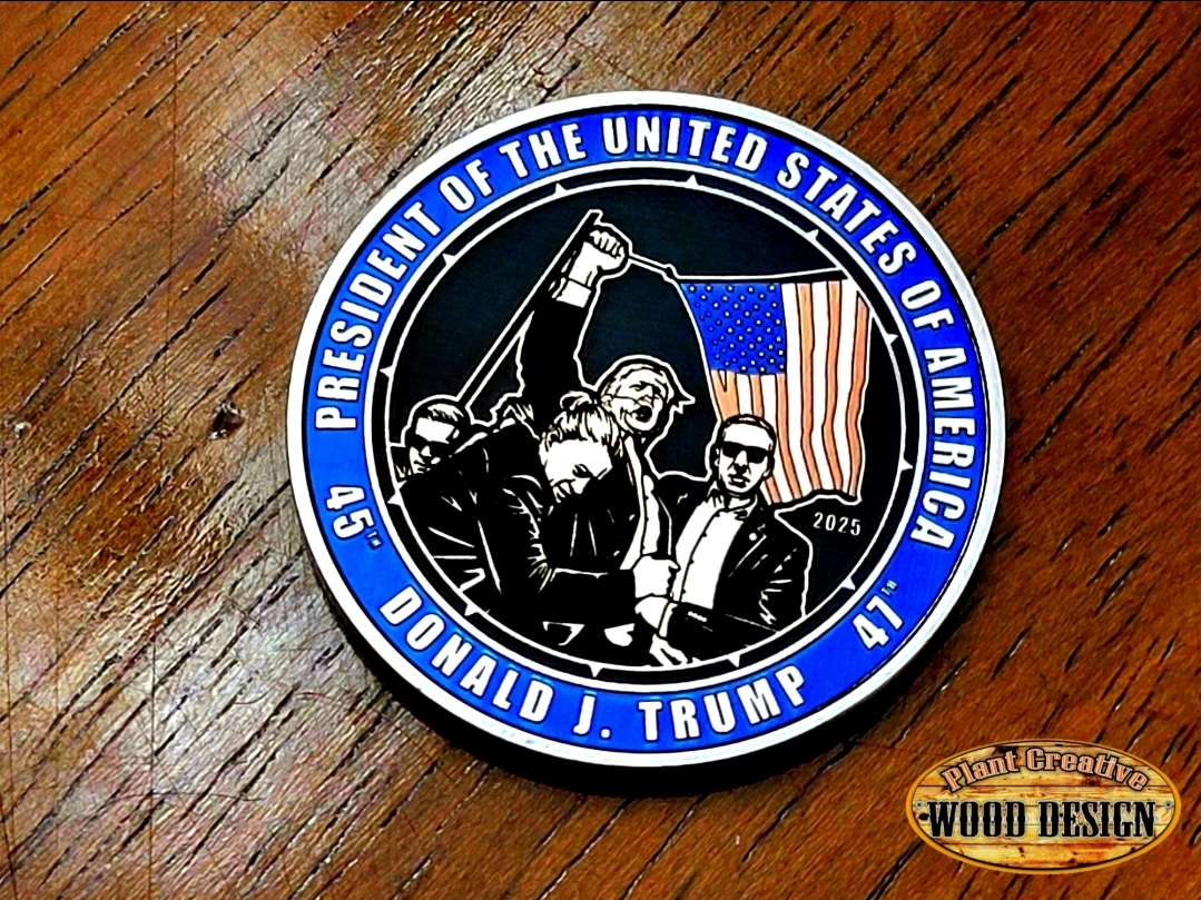 Our 40mm President Donald J. Trump 3mm-thick challenge coin.  Includes clear protective acrylic capsule/case. 