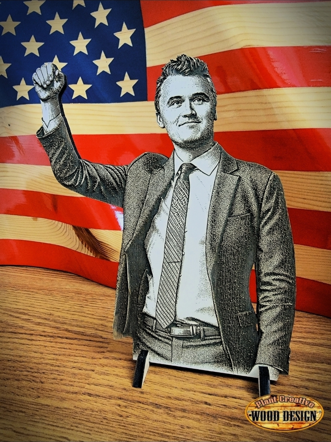 8" Charlie Kirk desktop memorial sign with removable feet to stand it up. Made from 1/4" cabinet-grade birch wood. 