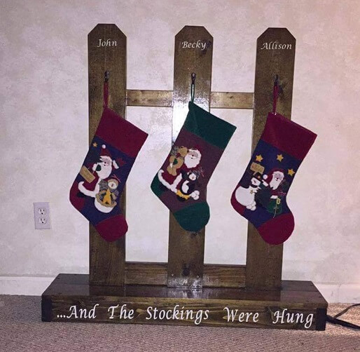 Decorative wood fence stocking holder with names. Up to 4 pickets. Can do more but each additional picket is $25. 