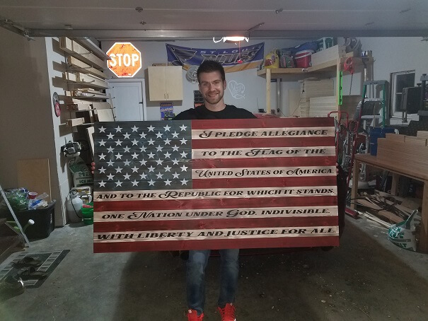 This 32"x60 " flag with the Pledge of Allegance on it is our biggest flag we offer at this time. It is sure to impress and is absolutely breathtaking. Perfect for a 2-story wall or large room needing a centerpiece. 