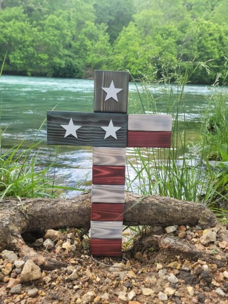 This 11" x 18" cross is one of our most popular items. This cross is hand-made with the highest quality work and materials. We will weatherize it at your request for no extra charge if you plan to display it outdoors.  