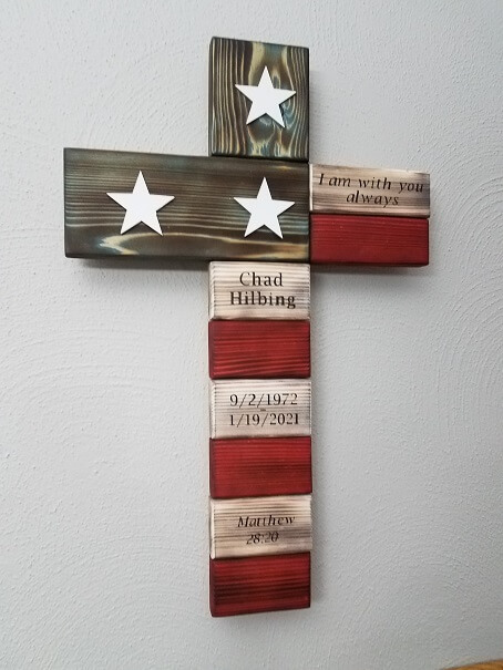 This is the correct listing to purchase a patriotic cross if you want to add names, words, numbers, phrases, and or quotes to our original patriotic cross. Please include a detailed message regarding what you want on the cross and where you want them in t