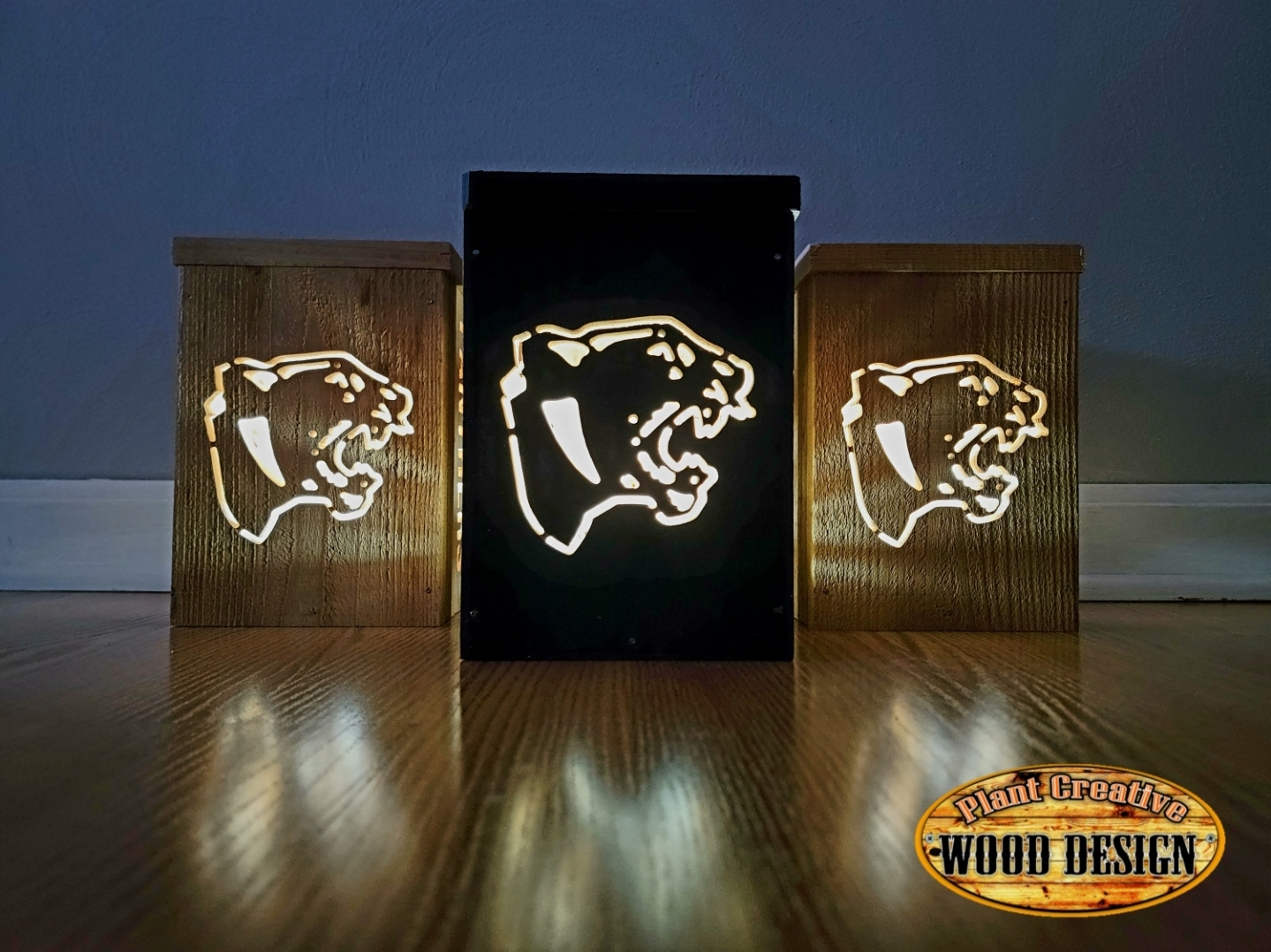 Central Panthers Lanterns are made from rough-cut cedar with the famous Panthers logo carved into the face of the Lantern. Includes the multi-color light and batteries. 