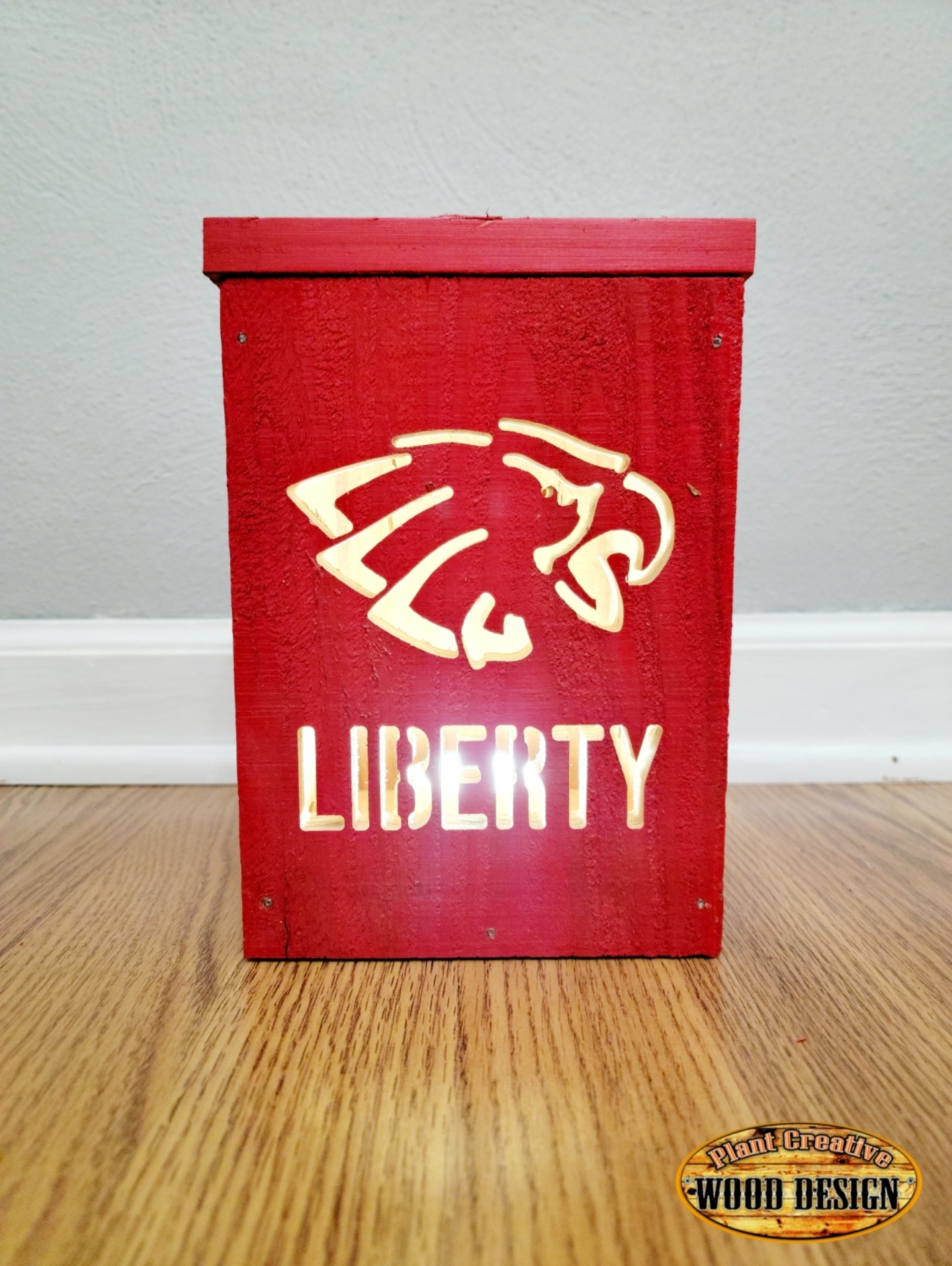 Cedar Liberty Eagles Lantern comes in natural or painted finish. The lights have a 4-hour run time in the high brightness setting or lower the brightness for much longer run times. 